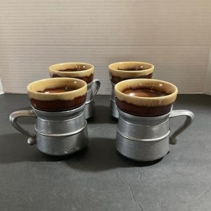Halls Brown Drip Ceramic Cups in Pewter Holders. Set of 4.